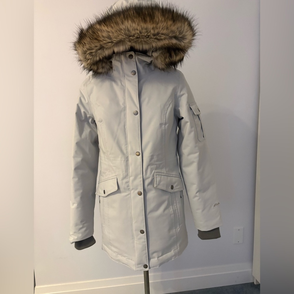 Eddie Bauer Women's Light Gray Ski Jacket with Faux Fur Hood